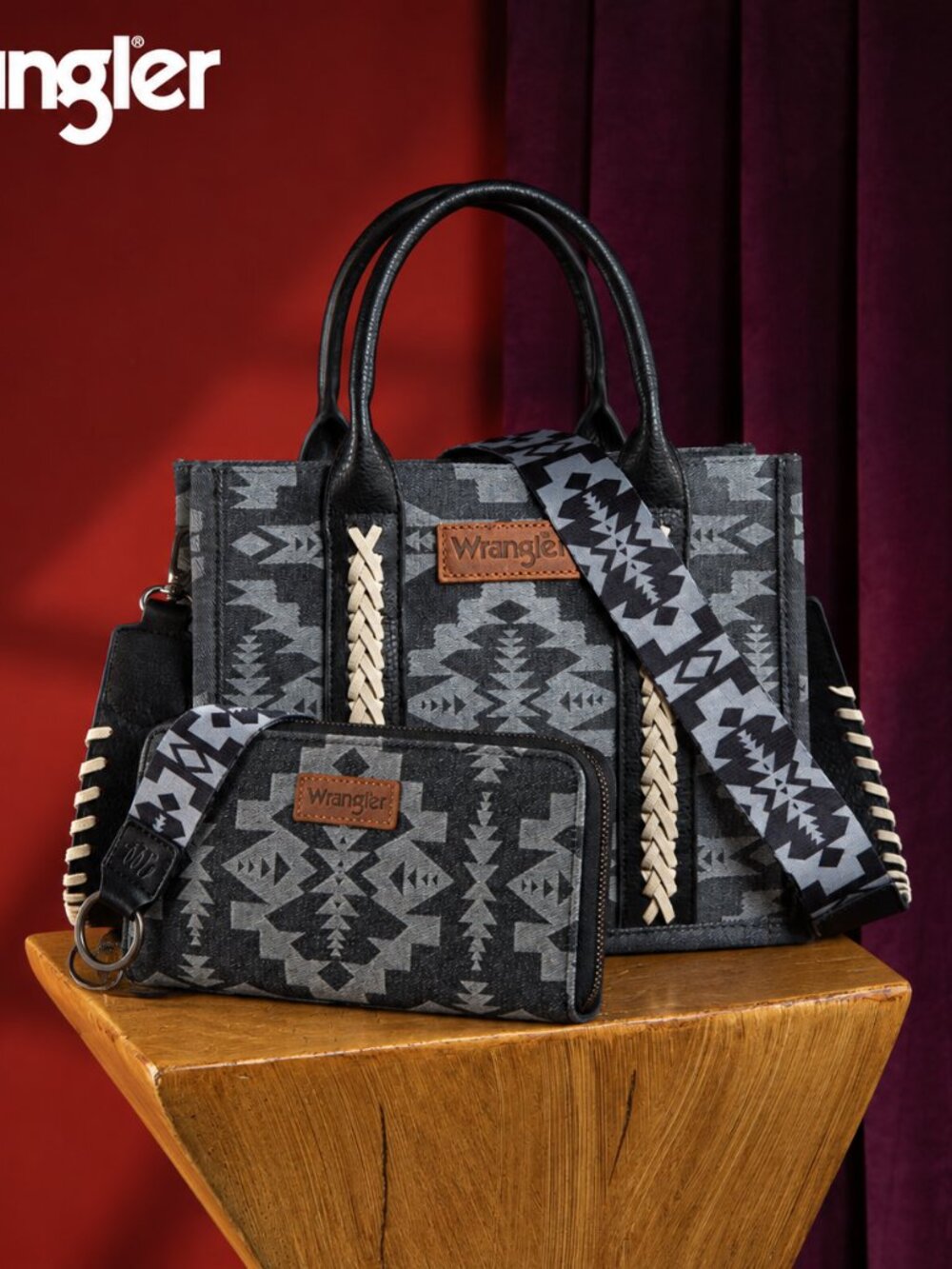 Wrangler Southwestern Print Small Canvas Tote/Crossbody+ Wallet Black